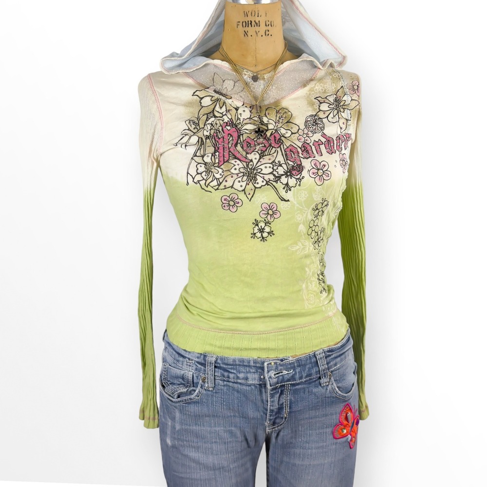 Y2K Ribbed Lace Floral Hoodie Top Rhinestone Rose Garden Print Fairy Size S M
